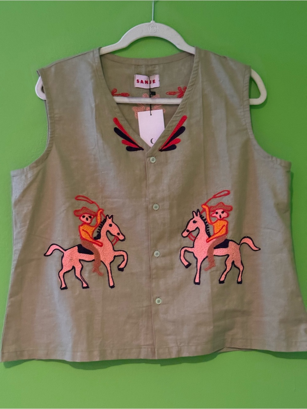 Sanje Olive Green Linen Vest with Pink Horse Embroidery